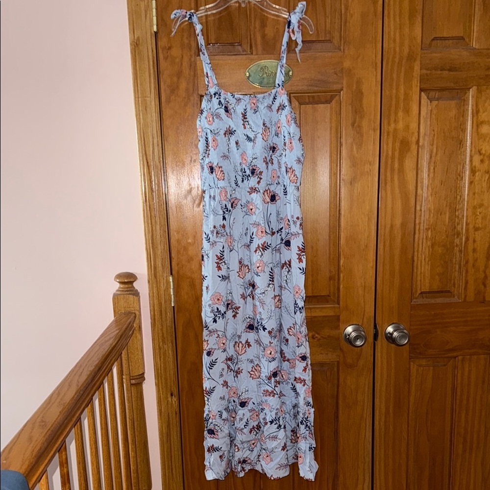 Light Blue Pink Floral Maxi Dress with Faux Tie Straps, Medium